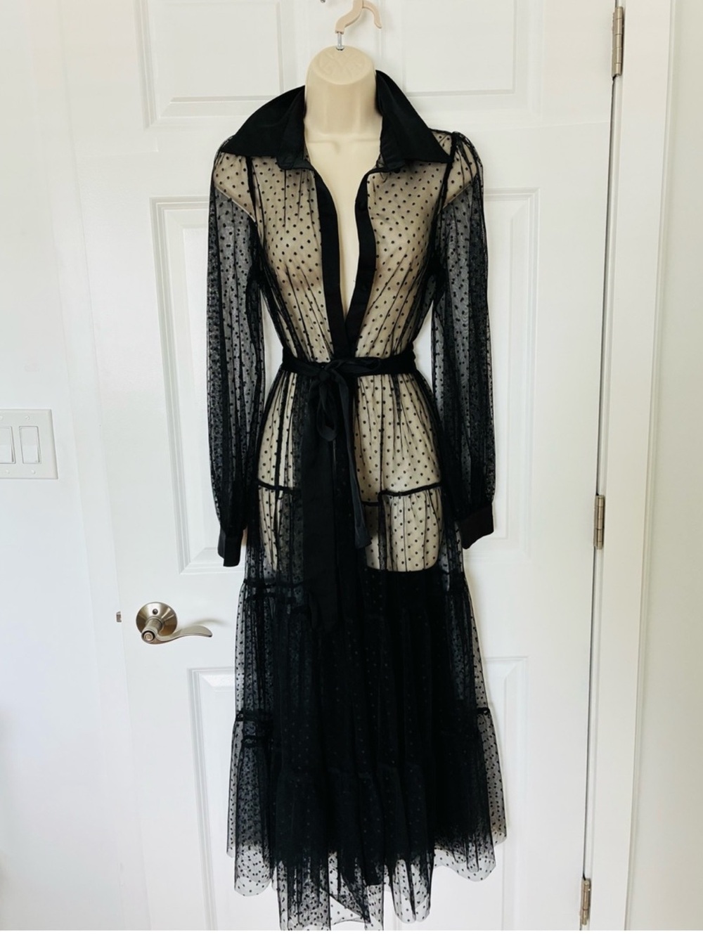 Sheer Swiss polka dot duster dress with belt
